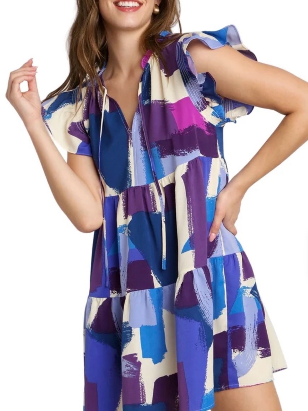 Umgee Abstract Brushstroke Mini Dress Purple Blue Flutter Sleeve Tiered Boho 2XL